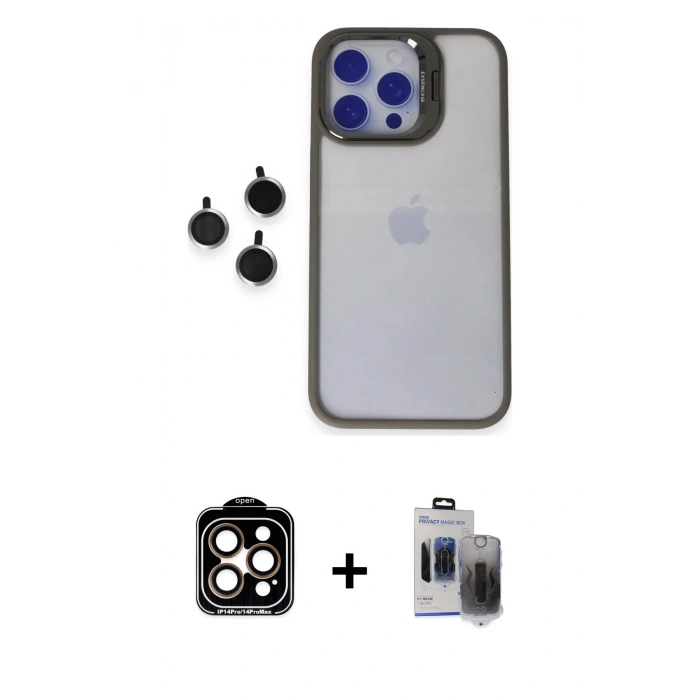 MARSİLYAN™- iPhone 15 Pro Max Kılıf Yankı Asil Serisi - Siyah Vanessa Magic Hayalet Cam + Turuncu PVD Metal Kamera Lens