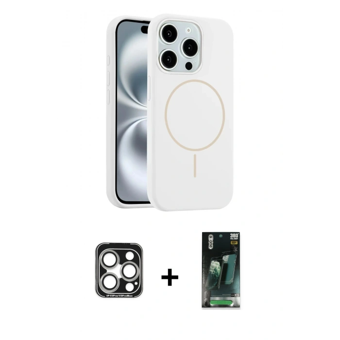 MARSİLYAN™- iPhone 15 Pro Max Kılıf Yankı Form Serisi - Şeffaf 360 Full Body Arka Koruyucu + Gümüş PVD Metal Kamera Lens