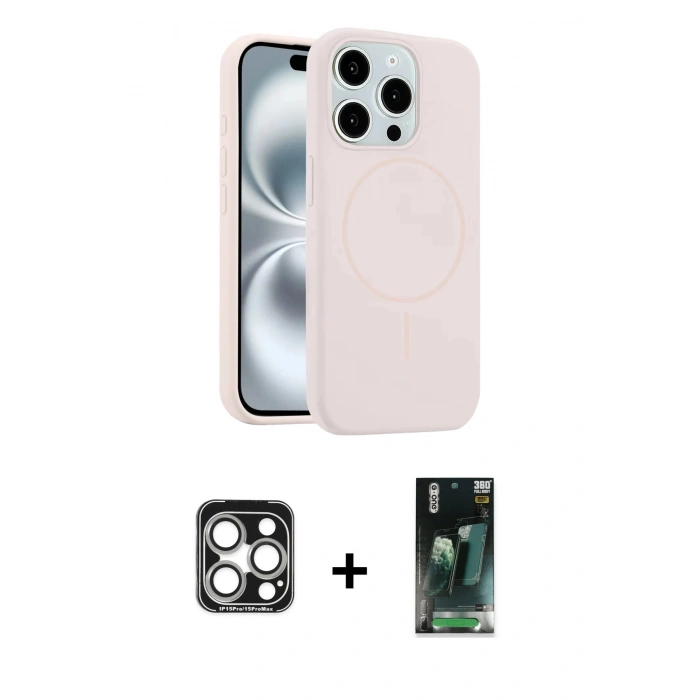 MARSİLYAN™- iPhone 15 Pro Max Kılıf Yankı Form Serisi - Şeffaf 360 Full Body Arka Koruyucu + Gümüş PVD Metal Kamera Lens