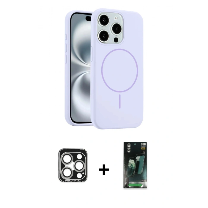 MARSİLYAN™- iPhone 15 Pro Max Kılıf Yankı Form Serisi - Şeffaf 360 Full Body Arka Koruyucu + Gümüş PVD Metal Kamera Lens