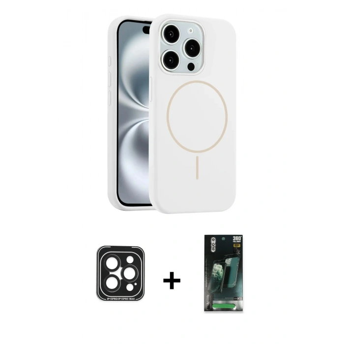 MARSİLYAN™- iPhone 15 Pro Max Kılıf Yankı Form Serisi - Şeffaf 360 Full Body Arka Koruyucu + PVD Metal Kamera Lens - SH