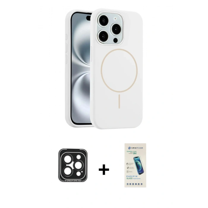 MARSİLYAN™- iPhone 15 Pro Max Kılıf Yankı Form Serisi - Şeffaf Pasifik Cam Ekran Koruyucu + PVD Metal Kamera Lens - SH