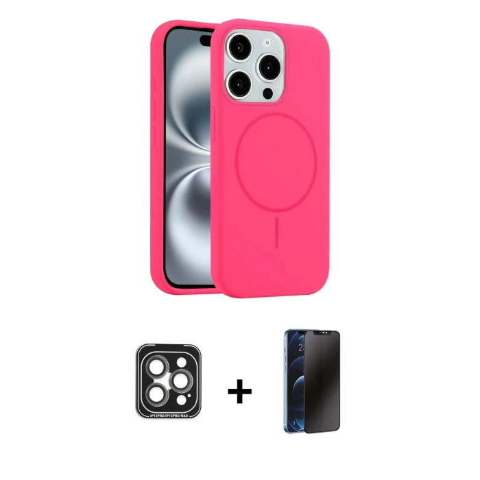MARSİLYAN™- iPhone 15 Pro Max Kılıf Yankı Form Serisi - Siyah 3D Antistatik Hayalet Cam Ekran Koruyucu + PVD Metal Kamera Lens - GI