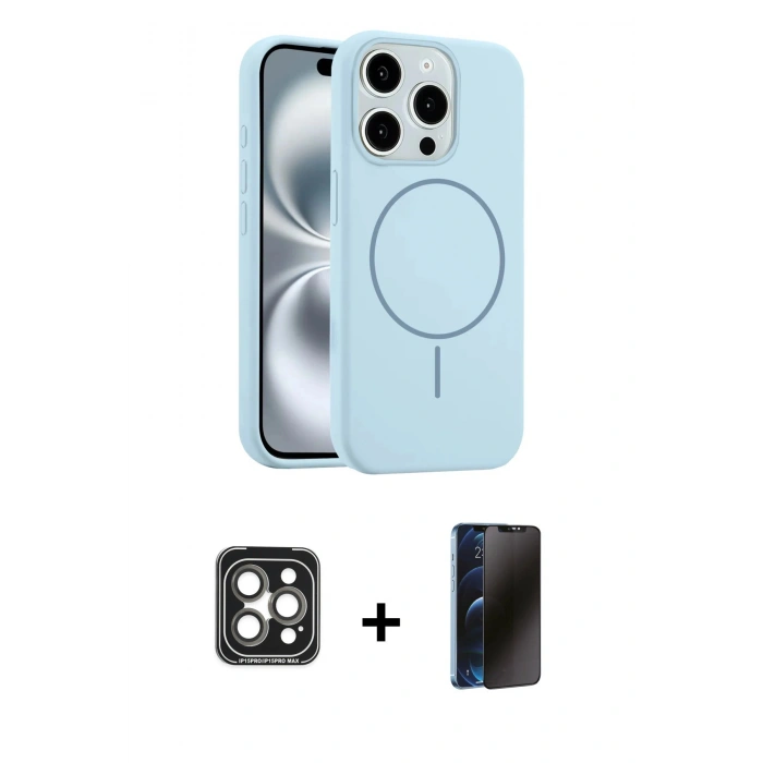 MARSİLYAN™- iPhone 15 Pro Max Kılıf Yankı Form Serisi - Siyah 3D Antistatik Hayalet Cam Ekran Koruyucu + PVD Metal Kamera Lens - GI