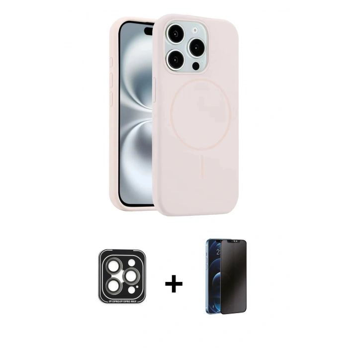 MARSİLYAN™- iPhone 15 Pro Max Kılıf Yankı Form Serisi - Siyah 3D Antistatik Hayalet Cam Ekran Koruyucu + PVD Metal Kamera Lens - GI
