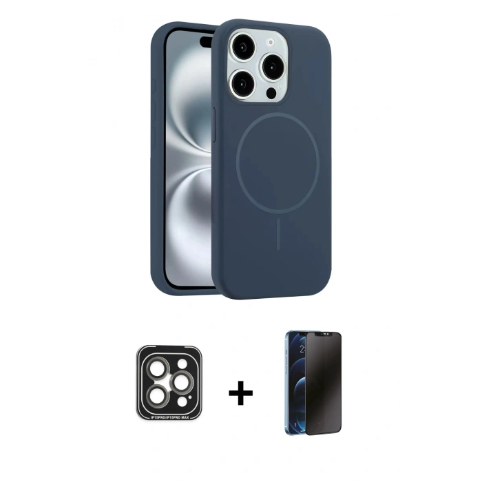 MARSİLYAN™- iPhone 15 Pro Max Kılıf Yankı Form Serisi - Siyah 3D Antistatik Hayalet Cam Ekran Koruyucu + PVD Metal Kamera Lens - GI