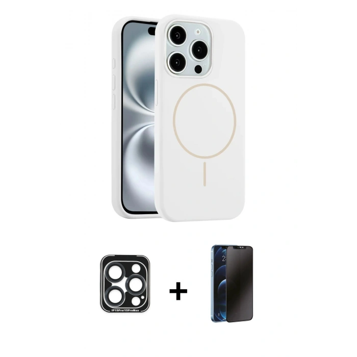 MARSİLYAN™- iPhone 15 Pro Max Kılıf Yankı Form Serisi - Siyah 3D Antistatik Hayalet Cam Ekran Koruyucu + PVD Metal Kamera Lens - LT