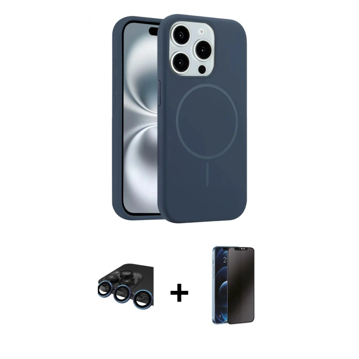 MARSİLYAN™- iPhone 15 Pro Max Kılıf Yankı Form Serisi - Siyah 3D Antistatik Hayalet Cam Ekran Koruyucu + Raze Metal Kamera Lens - LT