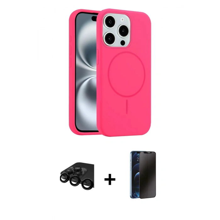 MARSİLYAN™- iPhone 15 Pro Max Kılıf Yankı Form Serisi - Siyah 3D Antistatik Hayalet Cam Ekran Koruyucu + Raze Metal Kamera Lens - SH