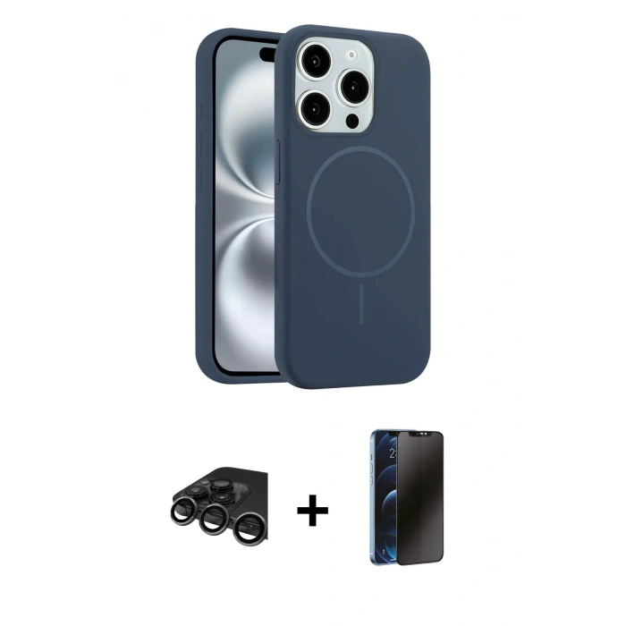 MARSİLYAN™- iPhone 15 Pro Max Kılıf Yankı Form Serisi - Siyah 3D Antistatik Hayalet Cam Ekran Koruyucu + Raze Metal Kamera Lens - TMGI
