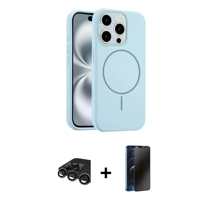 MARSİLYAN™- iPhone 15 Pro Max Kılıf Yankı Form Serisi - Siyah 3D Antistatik Hayalet Cam Ekran Koruyucu + Raze Metal Kamera Lens - TMGI