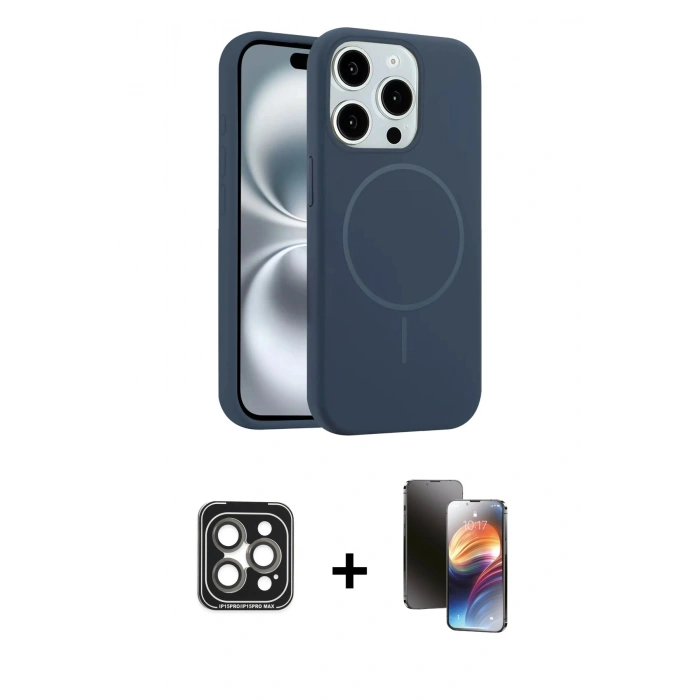 MARSİLYAN™- iPhone 15 Pro Max Kılıf Yankı Form Serisi - Siyah 3D Antistatik Mat Seramik Nano Ekran Koruyucu + PVD Metal Kamera Lens - GI