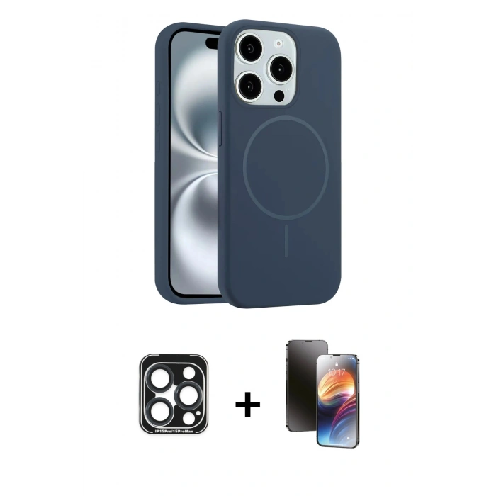 MARSİLYAN™- iPhone 15 Pro Max Kılıf Yankı Form Serisi - Siyah 3D Antistatik Mat Seramik Nano Ekran Koruyucu + PVD Metal Kamera Lens - LT
