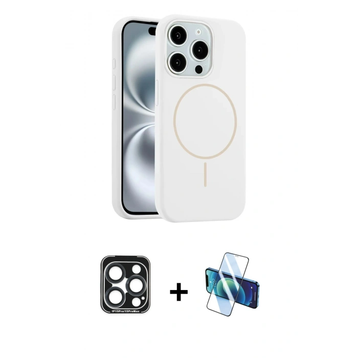 MARSİLYAN™- iPhone 15 Pro Max Kılıf Yankı Form Serisi - Siyah 3D Antistatik Seramik Nano Ekran Koruyucu + PVD Metal Kamera Lens - LT