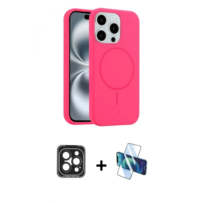 MARSİLYAN™- iPhone 15 Pro Max Kılıf Yankı Form Serisi - Siyah 3D Antistatik Seramik Nano Ekran Koruyucu + PVD Metal Kamera Lens - SH