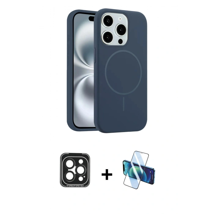 MARSİLYAN™- iPhone 15 Pro Max Kılıf Yankı Form Serisi - Siyah 3D Antistatik Seramik Nano Ekran Koruyucu + PVD Metal Kamera Lens - SH