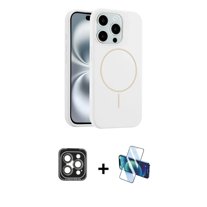 MARSİLYAN™- iPhone 15 Pro Max Kılıf Yankı Form Serisi - Siyah 3D Antistatik Seramik Nano Ekran Koruyucu + PVD Metal Kamera Lens - GI