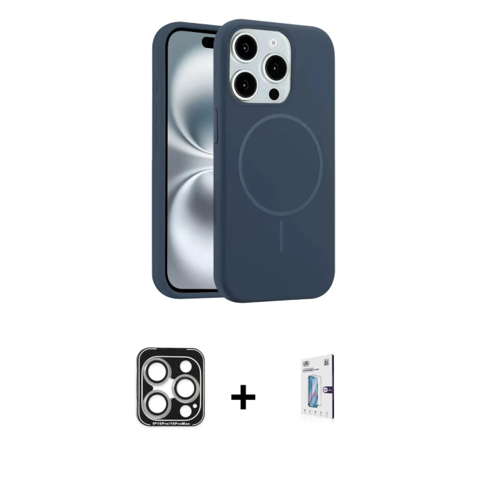 MARSİLYAN™- iPhone 15 Pro Max Kılıf Yankı Form Serisi - Siyah Bilvis 0.18mm Plus Cam Ekran Koruyucu + PVD Metal Kamera Lens - GS