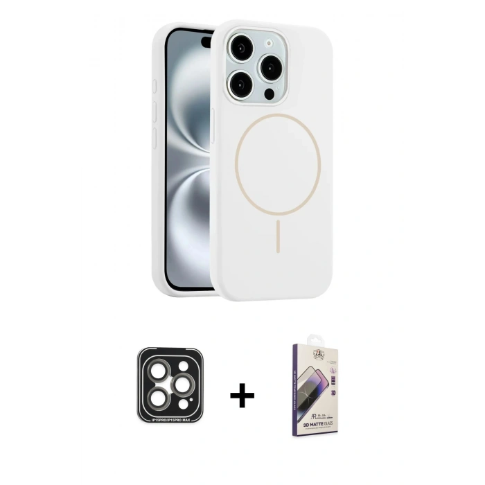 MARSİLYAN™- iPhone 15 Pro Max Kılıf Yankı Form Serisi - Siyah Bilvis 3D Mat Cam Ekran Koruyucu + PVD Metal Kamera Lens - GI