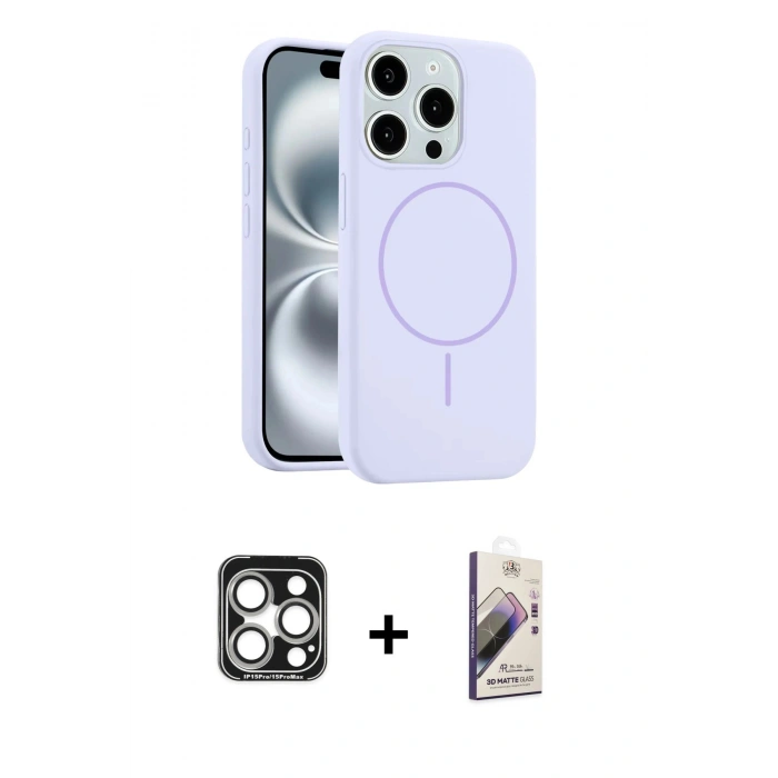 MARSİLYAN™- iPhone 15 Pro Max Kılıf Yankı Form Serisi - Siyah Bilvis 3D Mat Cam Ekran Koruyucu + Gümüş PVD Metal Kamera Lens