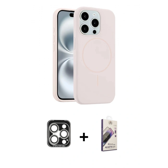 MARSİLYAN™- iPhone 15 Pro Max Kılıf Yankı Form Serisi - Siyah Bilvis 3D Mat Cam Ekran Koruyucu + Gümüş PVD Metal Kamera Lens