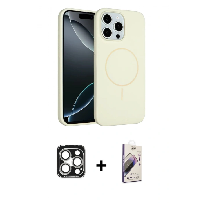 MARSİLYAN™- iPhone 15 Pro Max Kılıf Yankı Form Serisi - Siyah Bilvis 3D Mat Cam Ekran Koruyucu + Gümüş PVD Metal Kamera Lens