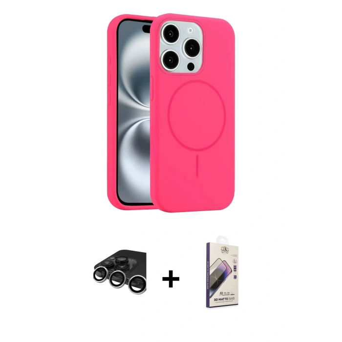 MARSİLYAN™- iPhone 15 Pro Max Kılıf Yankı Form Serisi - Siyah Bilvis 3D Mat Cam Ekran Koruyucu + Raze Metal Kamera Lens - GS