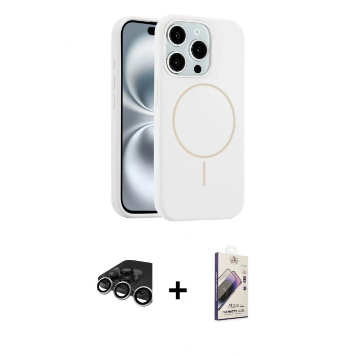 MARSİLYAN™- iPhone 15 Pro Max Kılıf Yankı Form Serisi - Siyah Bilvis 3D Mat Cam Ekran Koruyucu + Raze Metal Kamera Lens - GS