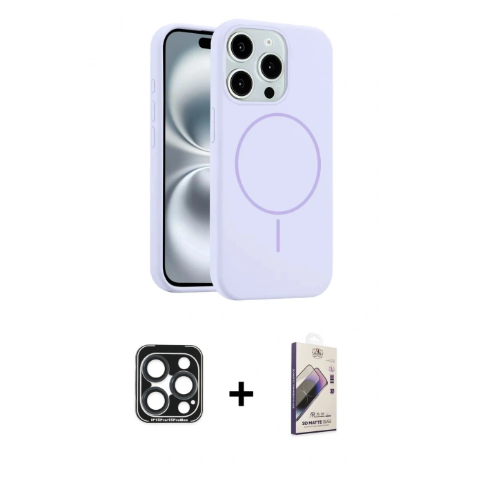MARSİLYAN™- iPhone 15 Pro Max Kılıf Yankı Form Serisi - Siyah Bilvis 3D Mat Cam Ekran Koruyucu + PVD Metal Kamera Lens - LT