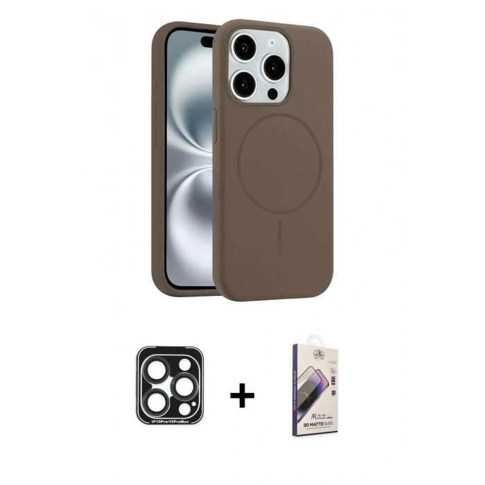 MARSİLYAN™- iPhone 15 Pro Max Kılıf Yankı Form Serisi - Siyah Bilvis 3D Mat Cam Ekran Koruyucu + PVD Metal Kamera Lens - LT