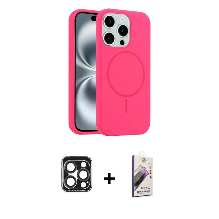 MARSİLYAN™- iPhone 15 Pro Max Kılıf Yankı Form Serisi - Siyah Bilvis 3D Mat Cam Ekran Koruyucu + PVD Metal Kamera Lens - LT