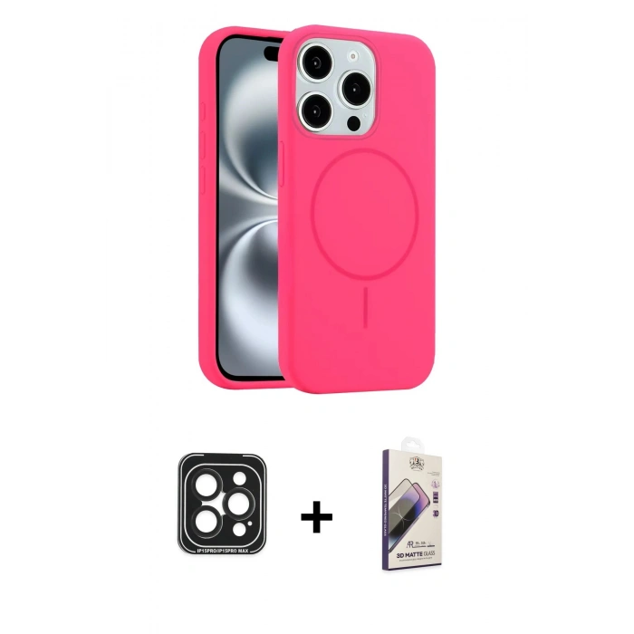 MARSİLYAN™- iPhone 15 Pro Max Kılıf Yankı Form Serisi - Siyah Bilvis 3D Mat Cam Ekran Koruyucu + PVD Metal Kamera Lens - SH