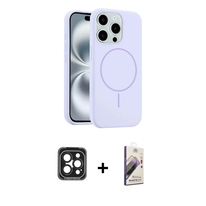 MARSİLYAN™- iPhone 15 Pro Max Kılıf Yankı Form Serisi - Siyah Bilvis 3D Mat Cam Ekran Koruyucu + PVD Metal Kamera Lens - SH