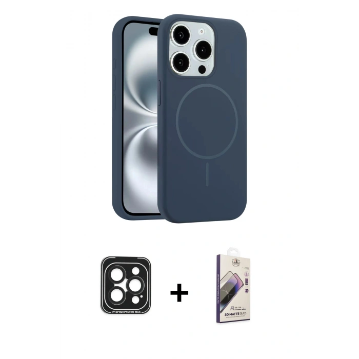 MARSİLYAN™- iPhone 15 Pro Max Kılıf Yankı Form Serisi - Siyah Bilvis 3D Mat Cam Ekran Koruyucu + PVD Metal Kamera Lens - SH