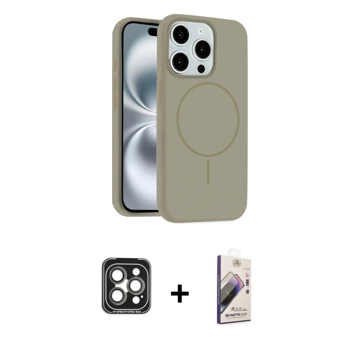 MARSİLYAN™- iPhone 15 Pro Max Kılıf Yankı Form Serisi - Siyah Bilvis 3D Mat Cam Ekran Koruyucu + PVD Metal Kamera Lens - GI