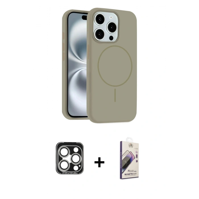 MARSİLYAN™- iPhone 15 Pro Max Kılıf Yankı Form Serisi - Siyah Bilvis 3D Mat Cam Ekran Koruyucu + PVD Metal Kamera Lens - GS