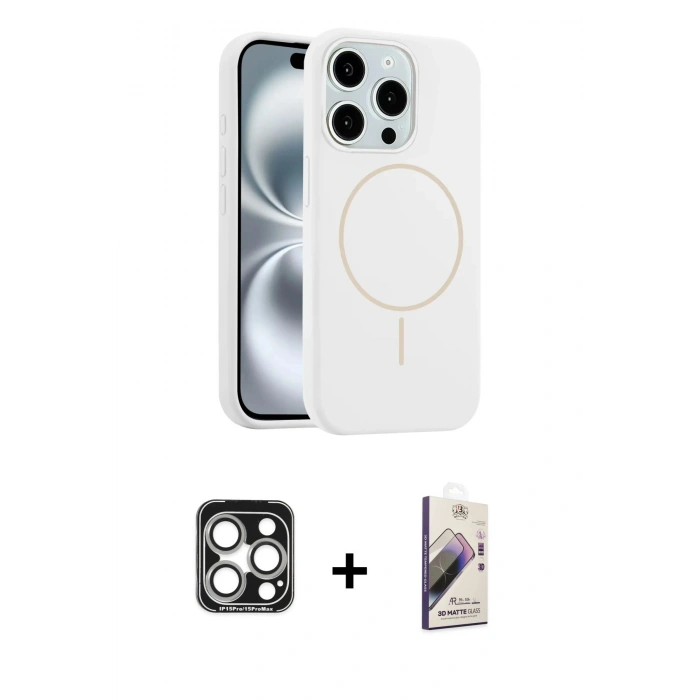 MARSİLYAN™- iPhone 15 Pro Max Kılıf Yankı Form Serisi - Siyah Bilvis 3D Mat Cam Ekran Koruyucu + PVD Metal Kamera Lens - GS