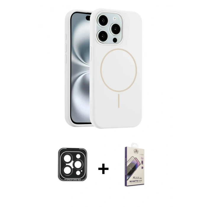 MARSİLYAN™- iPhone 15 Pro Max Kılıf Yankı Form Serisi - Siyah Bilvis 3D Mat Cam Ekran Koruyucu + PVD Metal Kamera Lens - SH