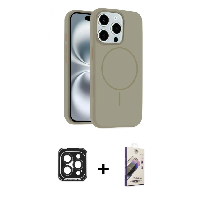 MARSİLYAN™- iPhone 15 Pro Max Kılıf Yankı Form Serisi - Siyah Bilvis 3D Mat Cam Ekran Koruyucu + PVD Metal Kamera Lens - SH