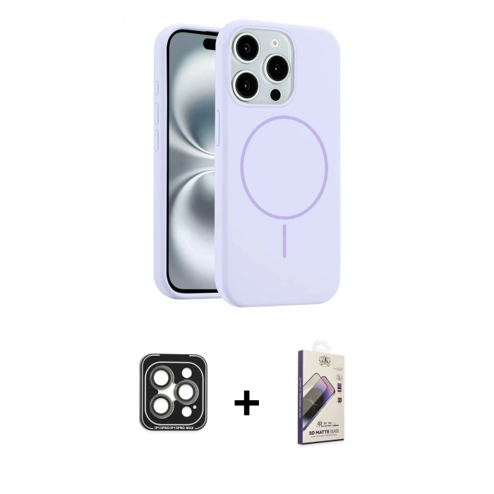 MARSİLYAN™- iPhone 15 Pro Max Kılıf Yankı Form Serisi - Siyah Bilvis 3D Mat Cam Ekran Koruyucu + PVD Metal Kamera Lens - GI