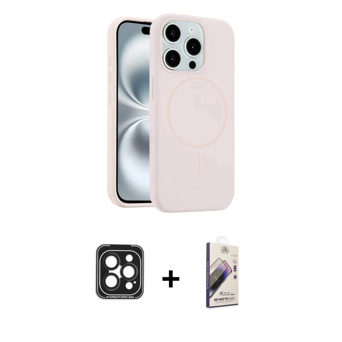 MARSİLYAN™- iPhone 15 Pro Max Kılıf Yankı Form Serisi - Siyah Bilvis 3D Mat Cam Ekran Koruyucu + PVD Metal Kamera Lens - SH
