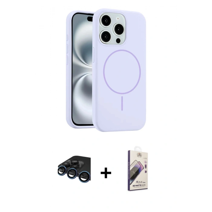 MARSİLYAN™- iPhone 15 Pro Max Kılıf Yankı Form Serisi - Siyah Bilvis 3D Mat Cam Ekran Koruyucu + Raze Metal Kamera Lens - LT