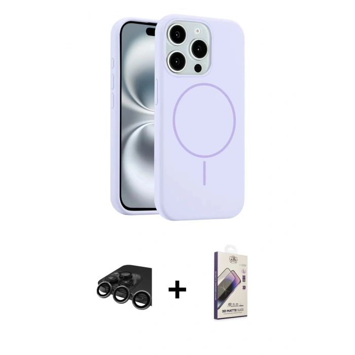 MARSİLYAN™- iPhone 15 Pro Max Kılıf Yankı Form Serisi - Siyah Bilvis 3D Mat Cam Ekran Koruyucu + Raze Metal Kamera Lens - TMGI