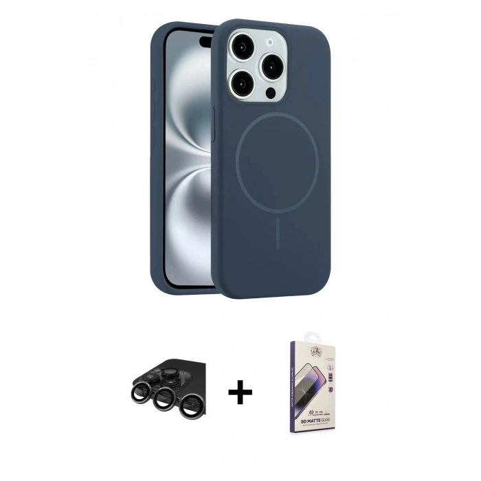 MARSİLYAN™- iPhone 15 Pro Max Kılıf Yankı Form Serisi - Siyah Bilvis 3D Mat Cam Ekran Koruyucu + Raze Metal Kamera Lens - TMGI