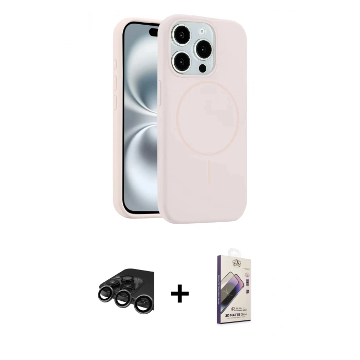 MARSİLYAN™- iPhone 15 Pro Max Kılıf Yankı Form Serisi - Siyah Bilvis 3D Mat Cam Ekran Koruyucu + Raze Metal Kamera Lens - TMGI