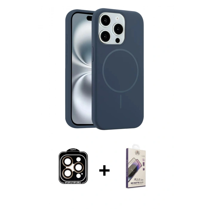 MARSİLYAN™- iPhone 15 Pro Max Kılıf Yankı Form Serisi - Siyah Bilvis 3D Mat Cam Ekran Koruyucu + Turuncu PVD Metal Kamera Lens