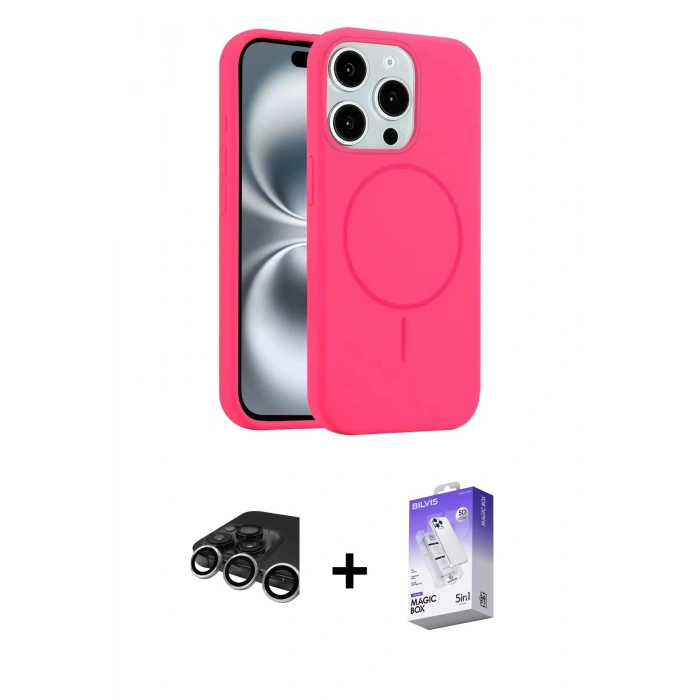 MARSİLYAN™- iPhone 15 Pro Max Kılıf Yankı Form Serisi - Siyah Bilvis 5in1 3D Magic Cam Ekran Koruyucu + Gümüş Raze Metal Kamera Lens