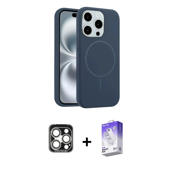 MARSİLYAN™- iPhone 15 Pro Max Kılıf Yankı Form Serisi - Siyah Bilvis 5in1 3D Magic Cam Ekran Koruyucu + PVD Metal Kamera Lens - GS