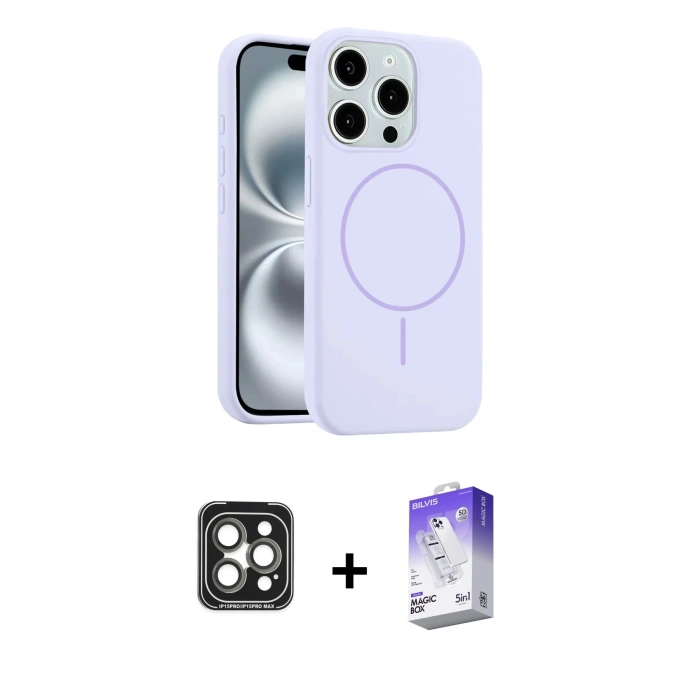 MARSİLYAN™- iPhone 15 Pro Max Kılıf Yankı Form Serisi - Siyah Bilvis 5in1 3D Magic Cam Ekran Koruyucu + PVD Metal Kamera Lens - GI