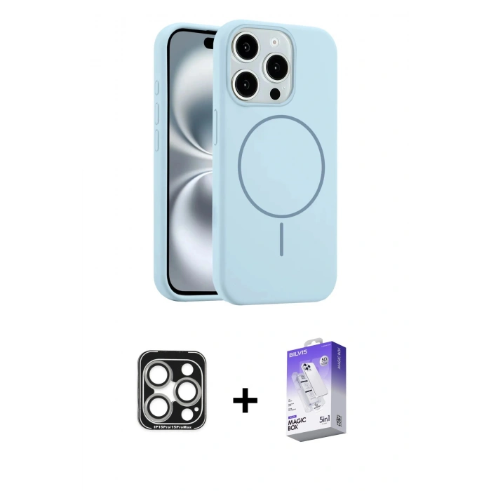 MARSİLYAN™- iPhone 15 Pro Max Kılıf Yankı Form Serisi - Siyah Bilvis 5in1 3D Magic Cam Ekran Koruyucu + PVD Metal Kamera Lens - GS
